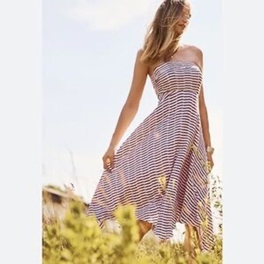 Anthropologie Maeve Caleta Red White Strapless Handkerchief Hem Dress Large